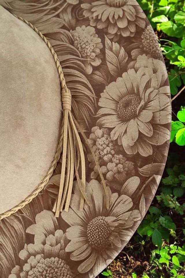 Lion & Blooms - Engraved Lion and Floral Wide Brim Hat, Vegan Suede Fedora Hat, Laser Engraved, Cowboy Hat, Burned Fedora