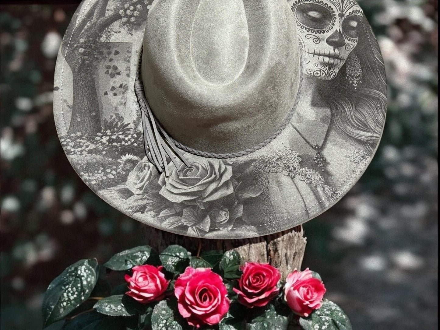 Eternal Bloom Engraved Hat – Sugar Skull & Floral Boho Design, Hand-Burned Brim, Western Boho Hat, Unique Festival Fashion