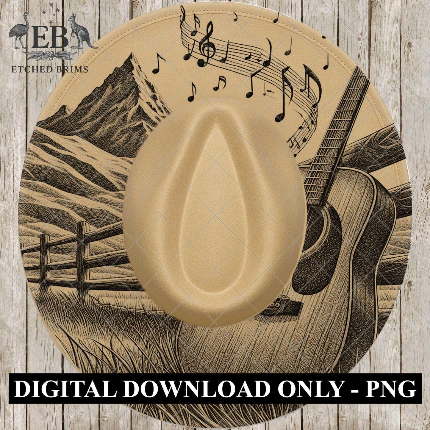 Country Music Guitar Mountains 3, Hat Burning Design, Wide Brim Hat Burning Template, Laser Hat Engraving Template, Printable Stencil, EB771