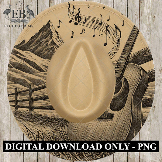 Country Music Guitar Mountains 3, Hat Burning Design, Wide Brim Hat Burning Template, Laser Hat Engraving Template, Printable Stencil, EB771