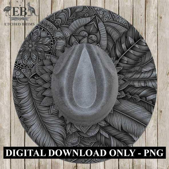 Boho Mandala Feathers Laser Hat Burning Design, Digital Download PNG Hat Burning Template Hat Laser Engraving Design Wide Brim Hat File EB06