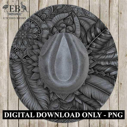 Boho Mandala Feathers Laser Hat Burning Design, Digital Download PNG Hat Burning Template Hat Laser Engraving Design Wide Brim Hat File EB06