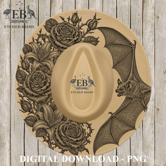 Bat Roses Lilies Laser Hat Burning Design, Digital Download PNG, Hat Burning Template, Hat Laser Engraving Design, Hat File EB1274