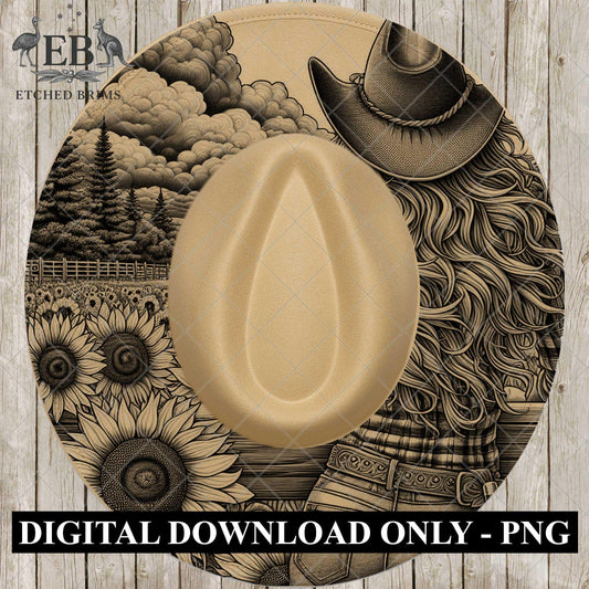 Cowgirl Sunflowers, Hat Burning Design for Wide Brim Hats. PNG for Laser Engraving and PDF Burning Stencil for Hand Burning, EB764