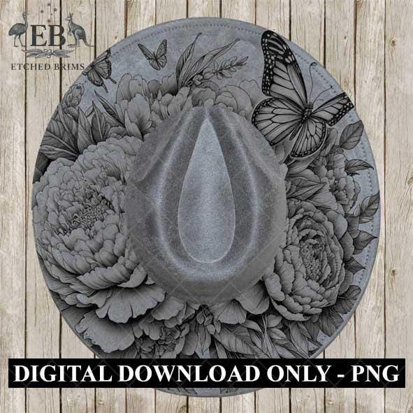 Peonies Flowers & Butterflies 4, Hat Burning Design, Hat Burning Stencil, Hat Burning Template, Hat Laser Engraving Design, Hat File EB449