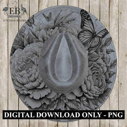 Peonies Flowers & Butterflies 4, Hat Burning Design, Hat Burning Stencil, Hat Burning Template, Hat Laser Engraving Design, Hat File EB449