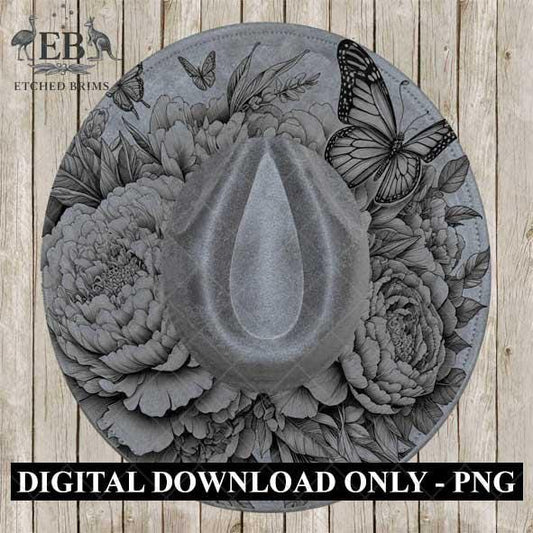 Peonies Flowers & Butterflies 4, Hat Burning Design, Hat Burning Stencil, Hat Burning Template, Hat Laser Engraving Design, Hat File EB449