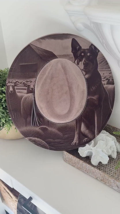 Sheepdog Spirit - Engraved Kelpie Wide Brim Hat, Vegan Suede Fedora Hat, Laser Engraved, Cowboy Hat, Burned Fedora, Kelpie Design