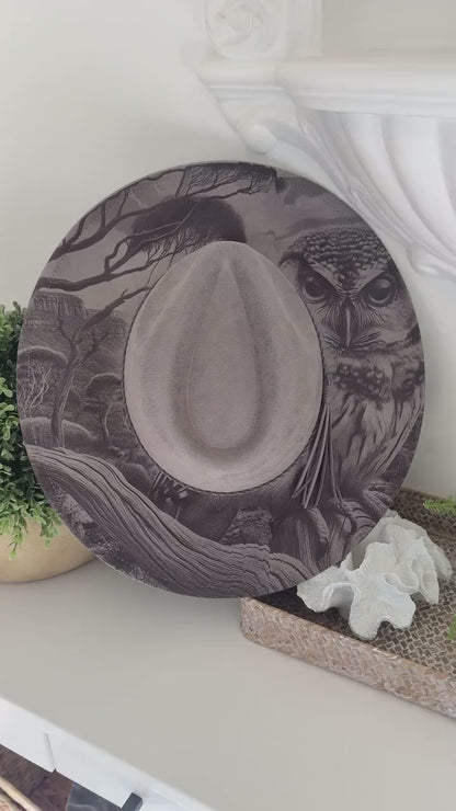 Watcher of the Woods - Owl Engraved Wide Brim Hat, Vegan Suede Fedora Hat, Laser Engraved, Cowboy Hat, Burned Fedora, Owl Design