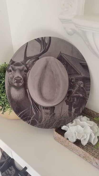Hunters Retreat - Engraved Stag & Cabin Wide Brim Hat, Vegan Suede Fedora Hat, Laser Engraved, Cowboy Hat, Burned Fedora, Deer Hunter Design