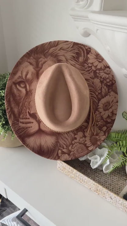 Lion & Blooms - Engraved Lion and Floral Wide Brim Hat, Vegan Suede Fedora Hat, Laser Engraved, Cowboy Hat, Burned Fedora