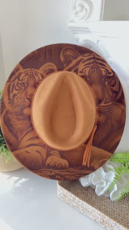 Whispers of the Wild – Laser Engraved Tiger Brim Hat,  Wide Brim Hat, Vegan Suede Fedora Hat, Laser Engraved, Cowboy Hat, Burned Fedora