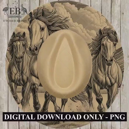 Running Horses Hat Burning Design, Western Laser Engraving Template for Wide Brim Fedora, EB717