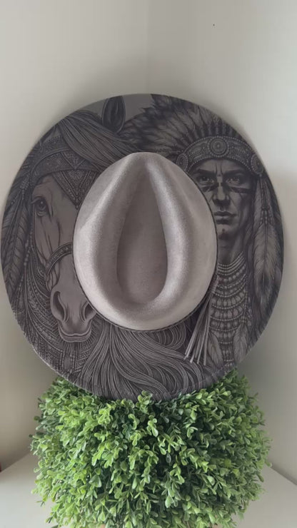 Spirit of the Plains – EXCLUSIVE - Laser Engraved Horse & Native Indian Brim Hat, Wide Brim Hat, Vegan Suede Fedora Hat, Laser Engraved, Burned Fedora