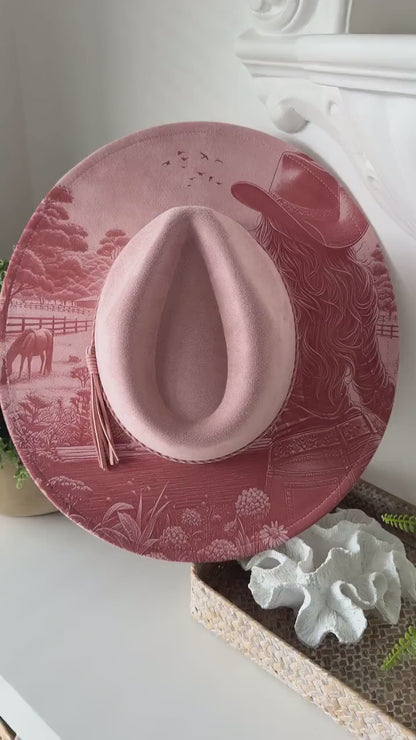 Cowgirl Dreams - Country Engraved Wide Brim Hat, Vegan Suede Fedora Hat, Laser Engraved, Cowboy Hat, Burned Fedora, Cowgirl Design