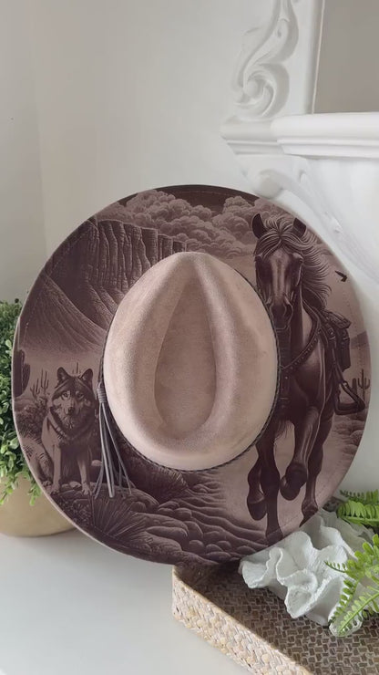 The Desert Spirit – Laser Engraved Horse & Wolf Brim Hat, Wide Brim Hat, Vegan Suede Fedora Hat, Laser Engraved, Burned Fedora