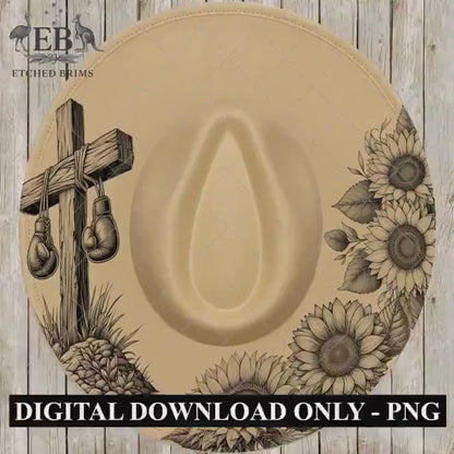 Cross American Flag & Sunflowers Hat Burning Design, Laser Hand Engraving Wide Brim Fedora, PNG PDF, EB889