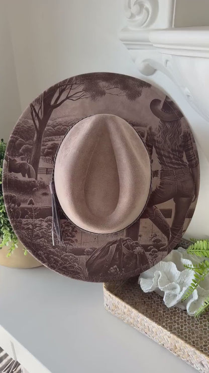 Wanderers View - Laser Engraved Cow Girl Hat with Horse Scene, Wide Brim Hat, Vegan Suede Fedora Hat, Laser Engraved, Burned Fedora