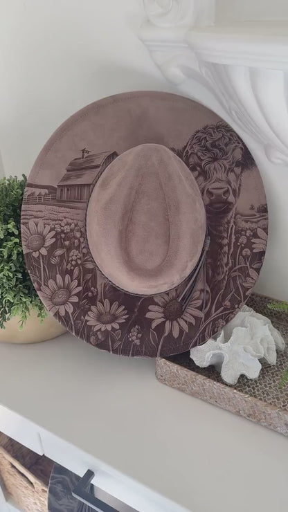 Highland Cow – Laser Engraved Highland Cow Brim Hat, Wide Brim Hat, Vegan Suede Fedora Hat, Laser Engraved, Burned Fedora