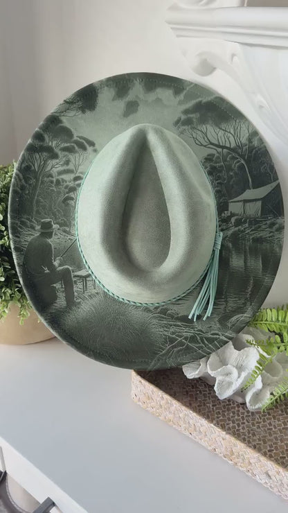 The Bushman’s Retreat - Engraved Fishing Camping Scene Wide Brim Hat, Vegan Suede Fedora Hat, Laser Engraved, Cowboy Hat, Burned Fedora